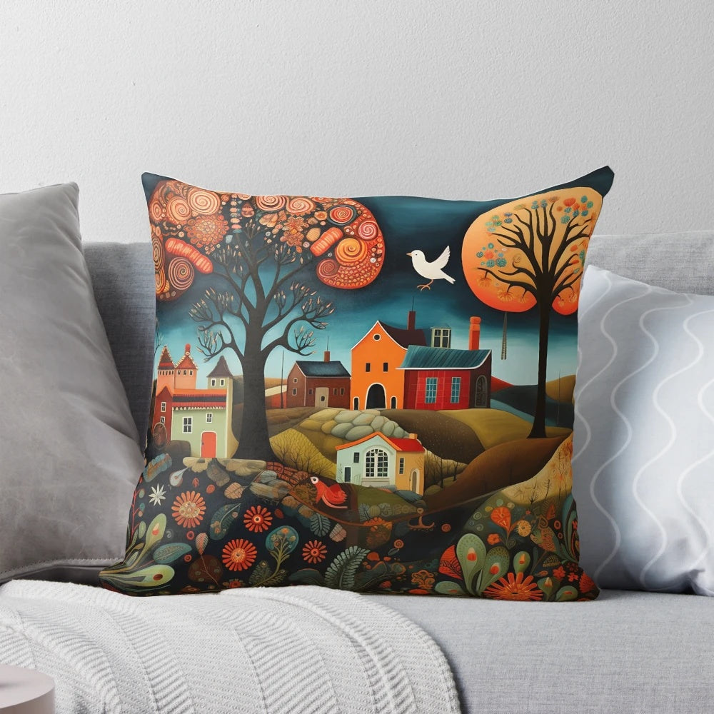 Colorful folk art-inspired throw pillow with intricate patterns and textures