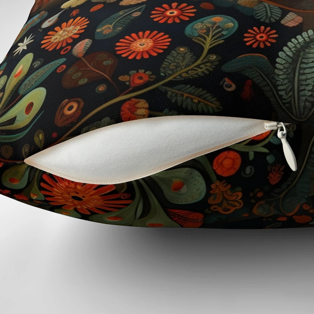 Colorful folk art-inspired throw pillow with intricate patterns and textures
