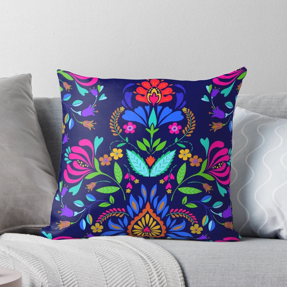 Colorful folk-inspired pillow cover with a Mexican vacation motif