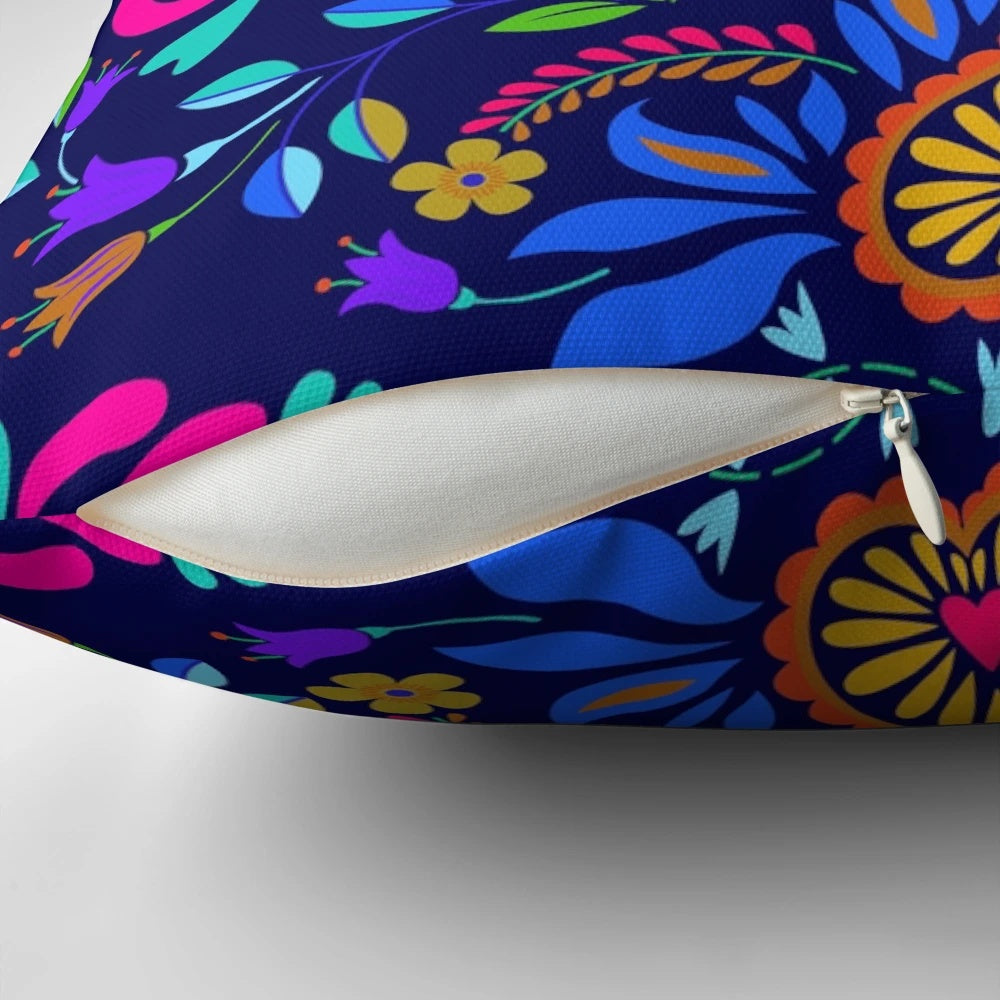 Colorful folk-inspired pillow cover with a Mexican vacation motif