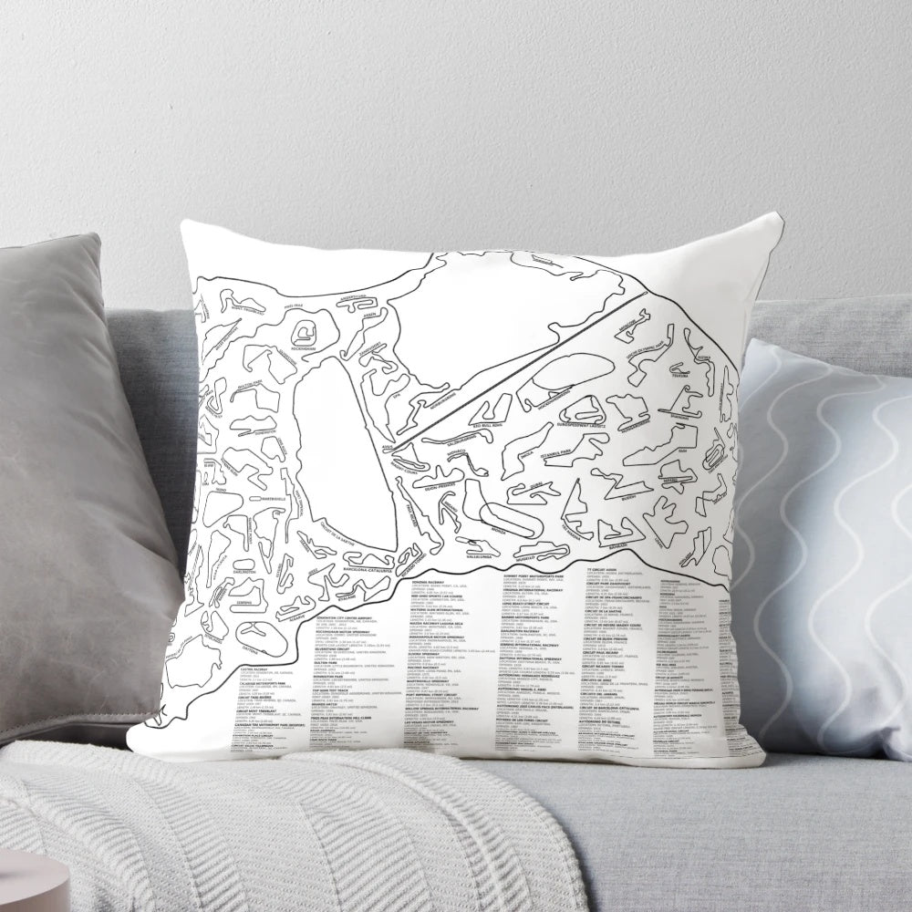 Colorful pillow featuring all the iconic Formula One circuit designs