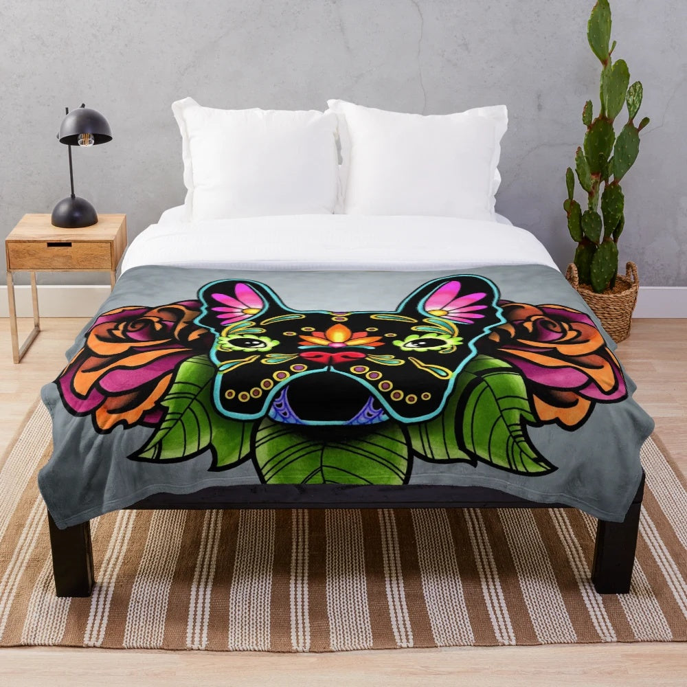 Colorful French Bulldog Sugar Skull Plush Blanket