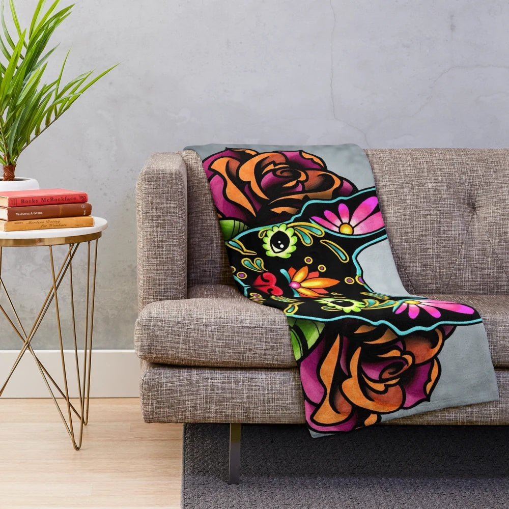 Colorful French Bulldog Sugar Skull Plush Blanket