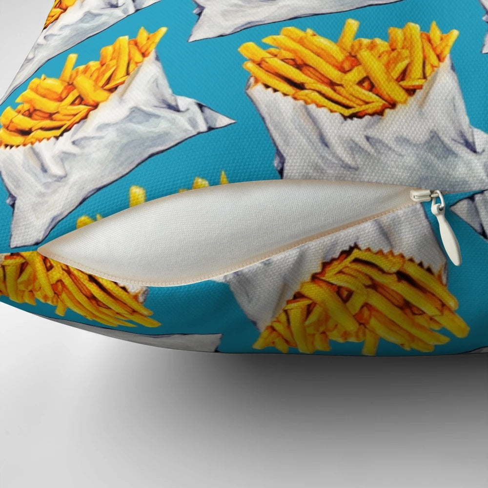 Colorful, patterned pillow featuring an illustration of french fries or potato chips
