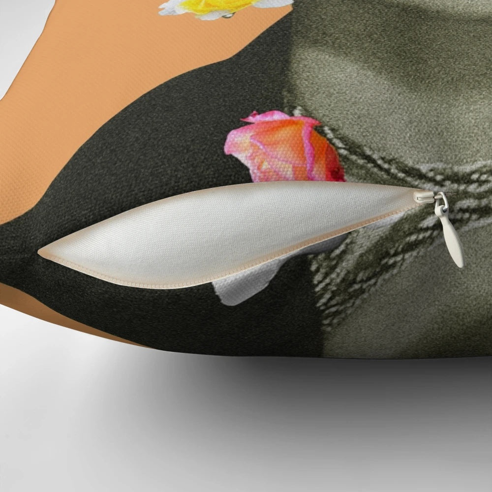 Colorful and artsy Frida Floral decorative pillow featuring a floral collage design in shades of orange.