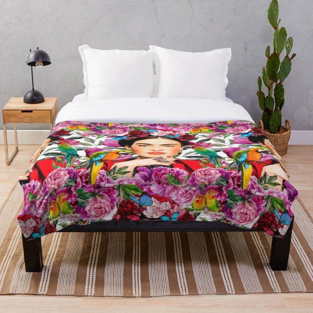 Frida-inspired plush blanket with floral and nature motifs