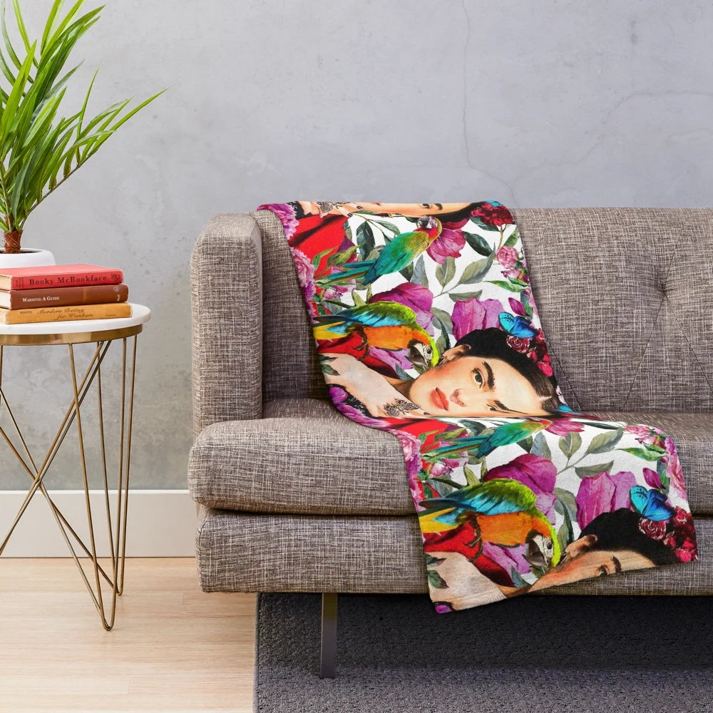 Frida-inspired plush blanket with floral and nature motifs