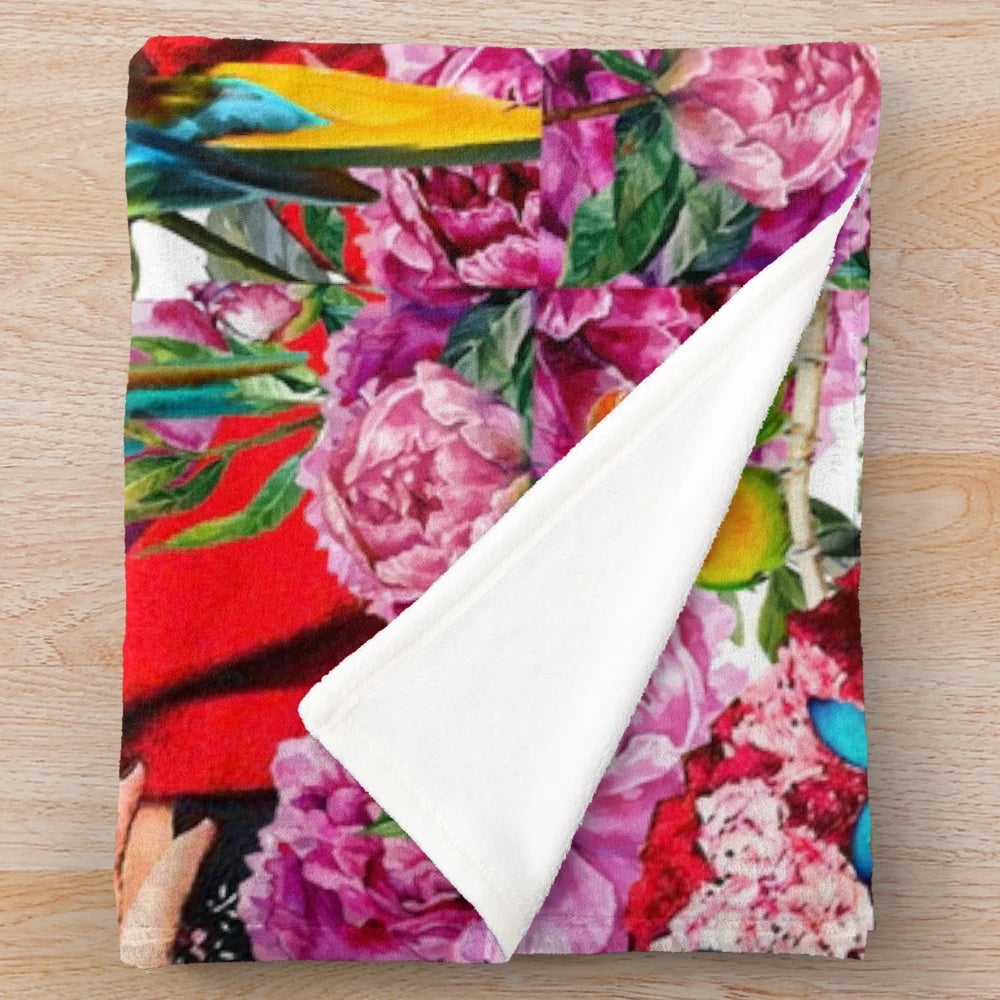 Frida-inspired plush blanket with floral and nature motifs