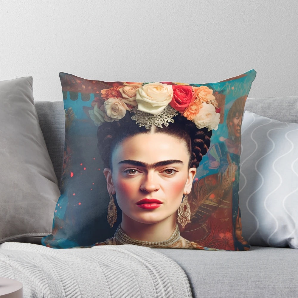 Colorful throw pillow featuring the portrait of renowned Mexican artist Frida Kahlo
