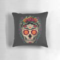 Colorful Frida Kahlo inspired pillow featuring a calavera (skull) design with floral elements