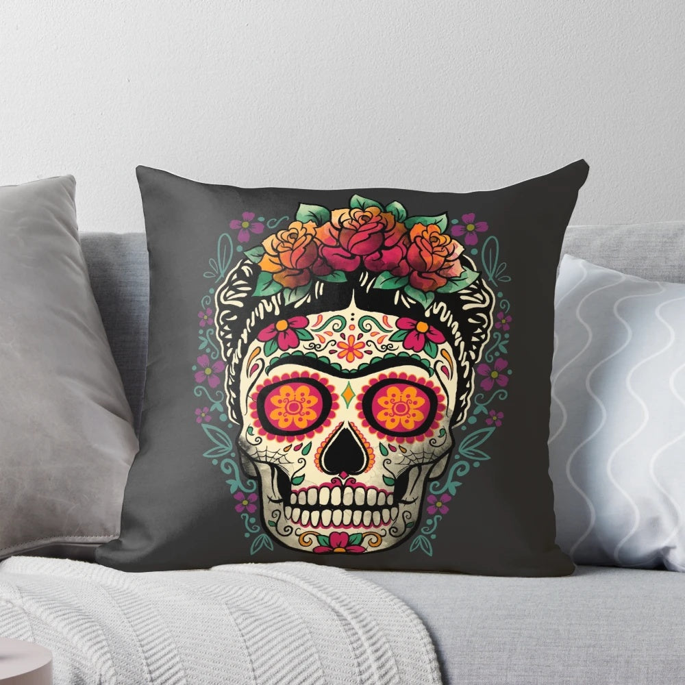 Colorful Frida Kahlo inspired pillow featuring a calavera (skull) design with floral elements