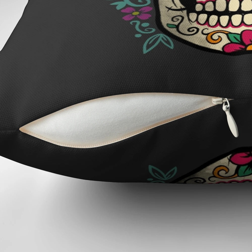 Colorful Frida Kahlo inspired pillow featuring a calavera (skull) design with floral elements