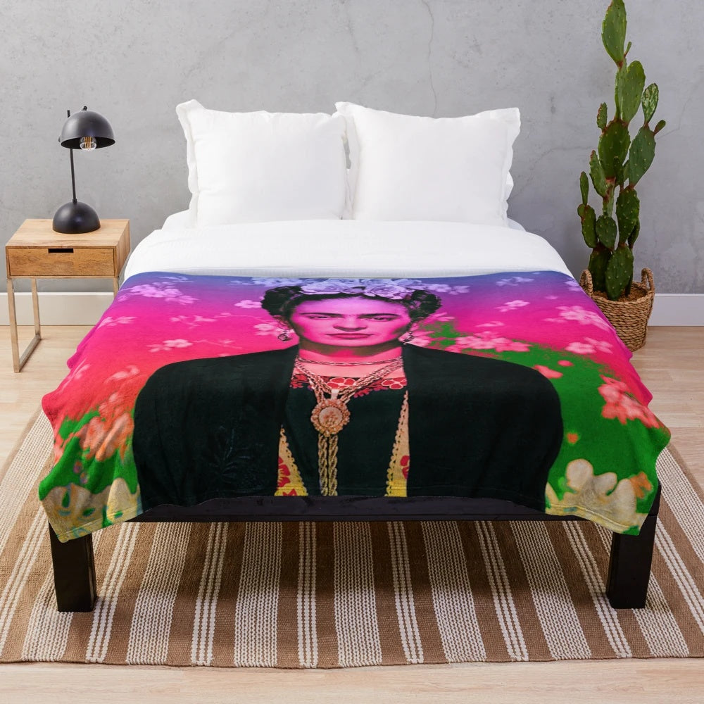 Colorful floral Frida Kahlo digital art design on a plush blanket