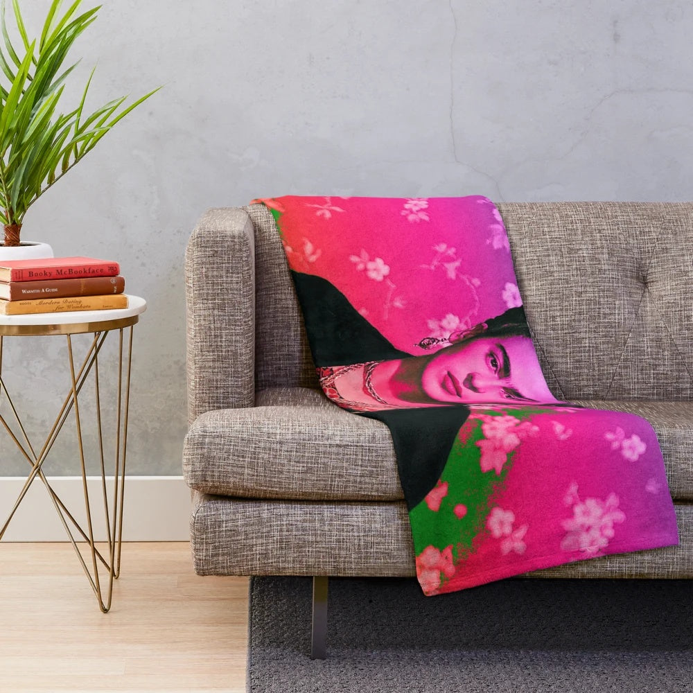 Colorful floral Frida Kahlo digital art design on a plush blanket