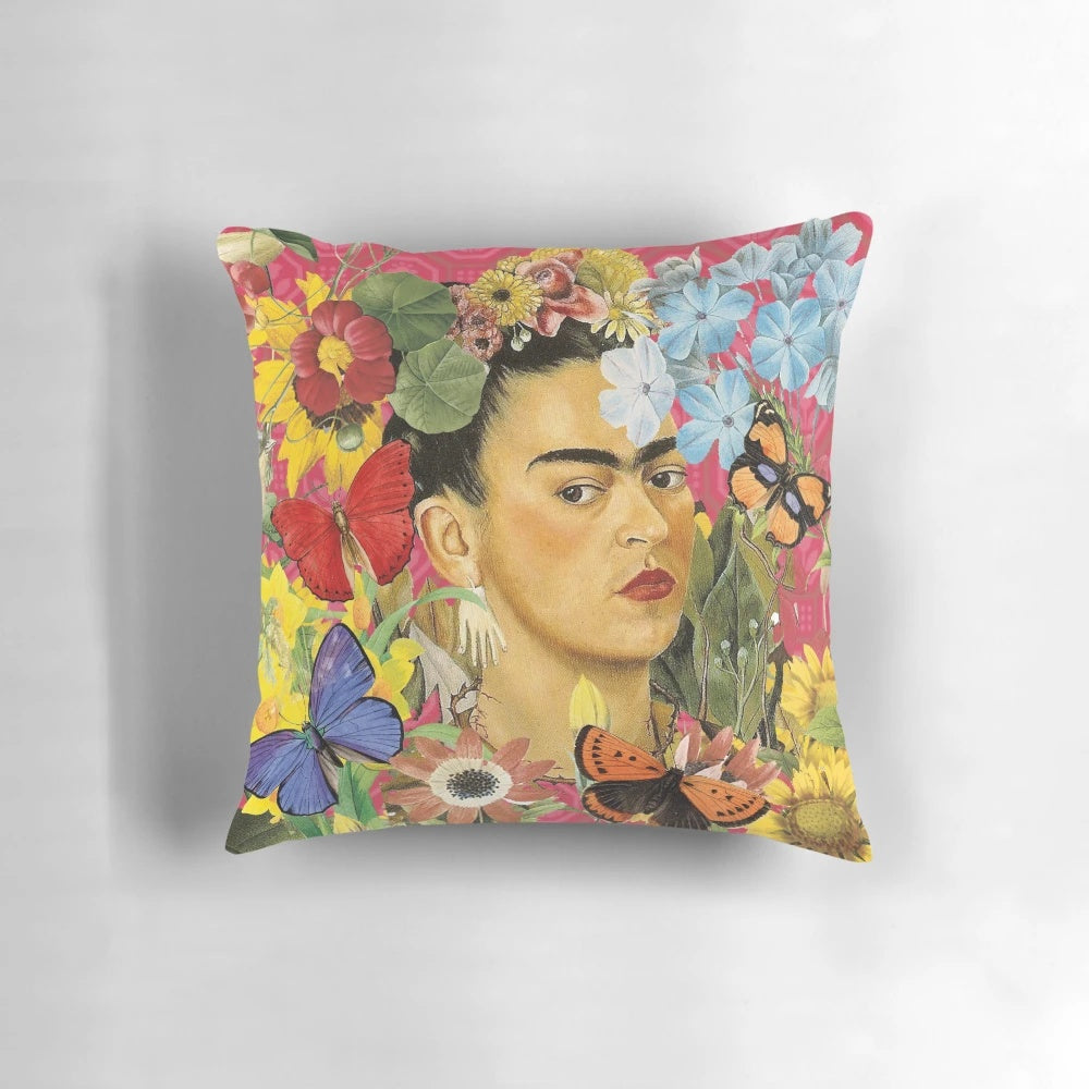Colorful Frida Kahlo-inspired decorative pillow with floral and butterfly motifs