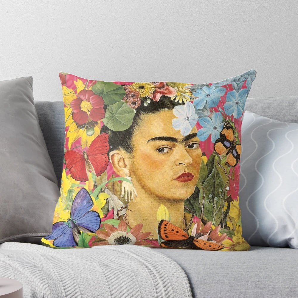 Colorful Frida Kahlo-inspired decorative pillow with floral and butterfly motifs