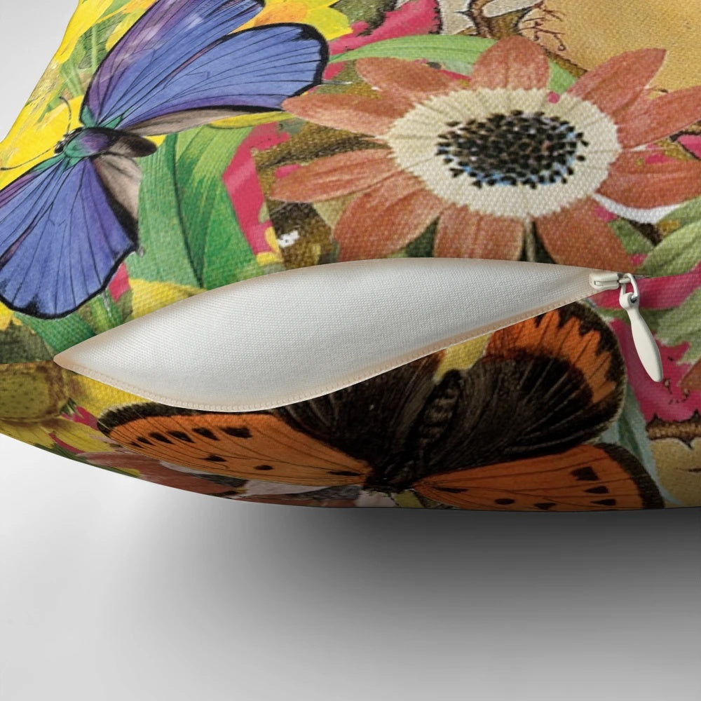 Colorful Frida Kahlo-inspired decorative pillow with floral and butterfly motifs