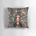 Colorful throw pillow featuring the iconic portrait of Mexican artist Frida Kahlo surrounded by vibrant floral designs.