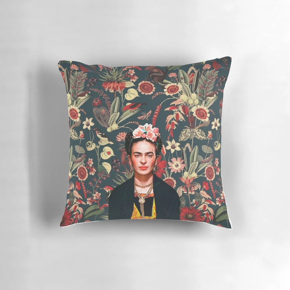 Colorful throw pillow featuring the iconic portrait of Mexican artist Frida Kahlo surrounded by vibrant floral designs.