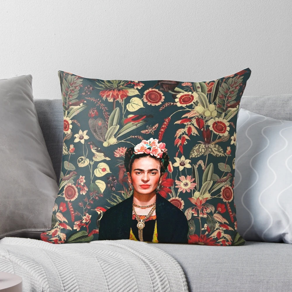 Colorful throw pillow featuring the iconic portrait of Mexican artist Frida Kahlo surrounded by vibrant floral designs.