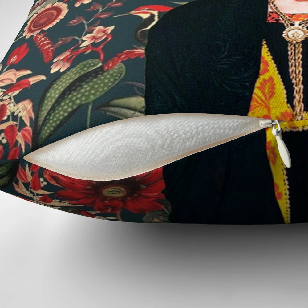 Colorful throw pillow featuring the iconic portrait of Mexican artist Frida Kahlo surrounded by vibrant floral designs.