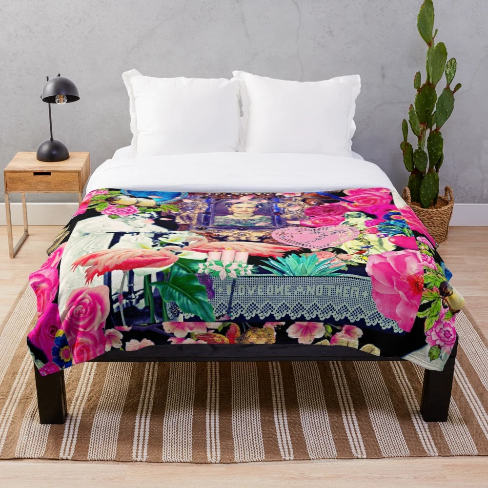 Colorful plush blanket featuring a collage-style design inspired by the artwork of Mexican artist Frida Kahlo