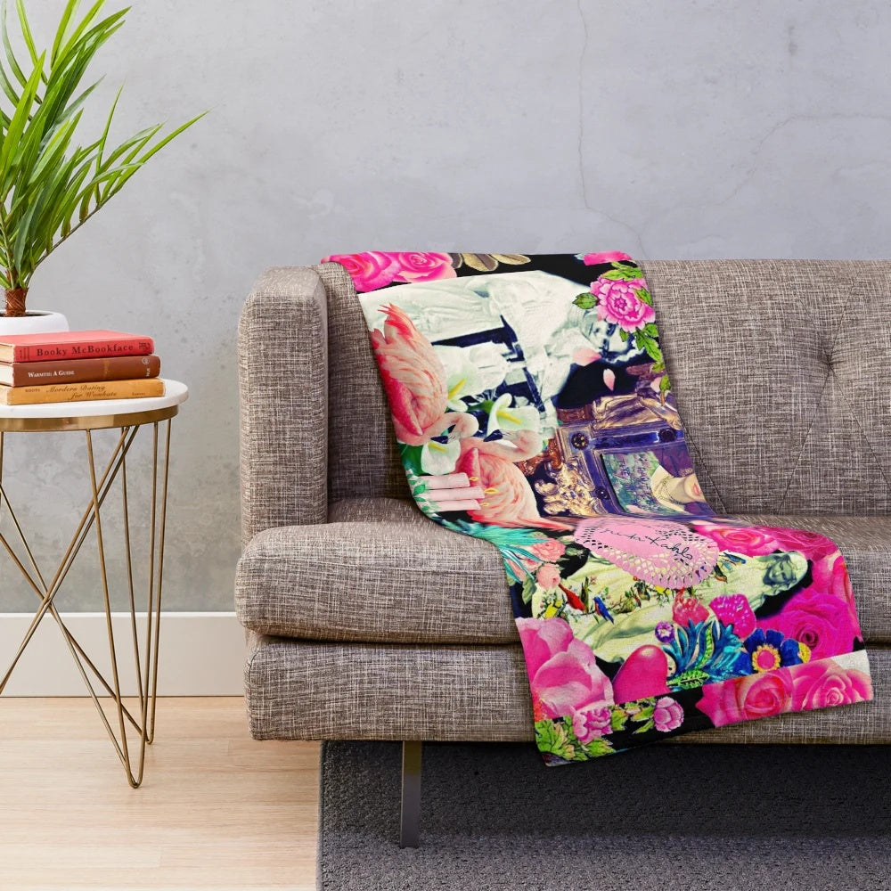Colorful plush blanket featuring a collage-style design inspired by the artwork of Mexican artist Frida Kahlo