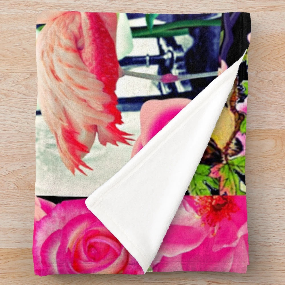 Colorful plush blanket featuring a collage-style design inspired by the artwork of Mexican artist Frida Kahlo