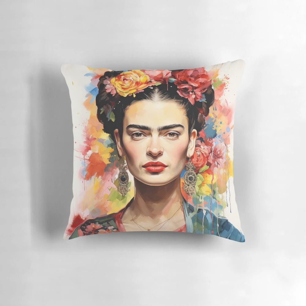 Colorful Frida Kahlo-style decorative pillow featuring the iconic Mexican artist's portrait and floral motifs