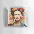 Colorful Frida Kahlo-style decorative pillow featuring the iconic Mexican artist's portrait and floral motifs