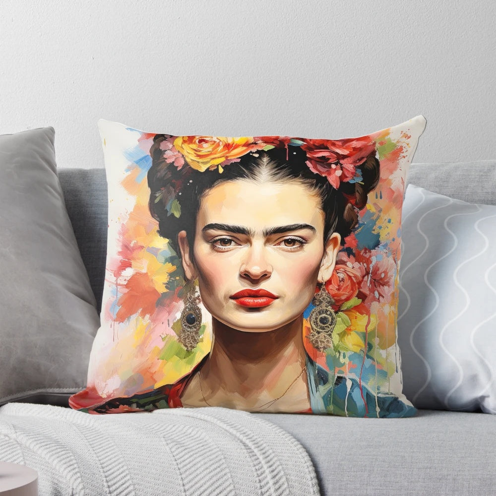 Colorful Frida Kahlo-style decorative pillow featuring the iconic Mexican artist's portrait and floral motifs