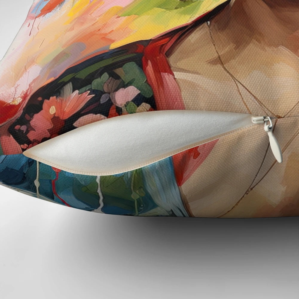 Colorful Frida Kahlo-style decorative pillow featuring the iconic Mexican artist's portrait and floral motifs