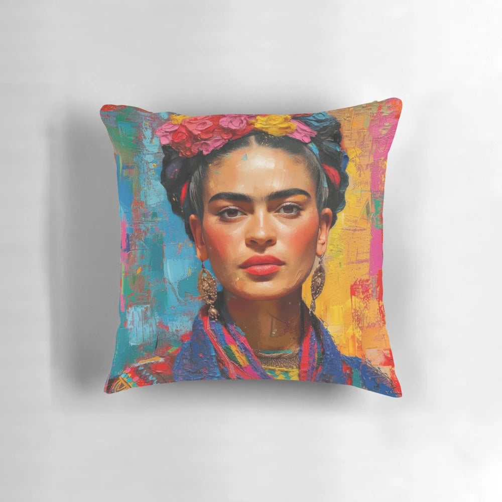 Colorful Frida Kahlo inspired decorative pillow with floral and Mexican motifs