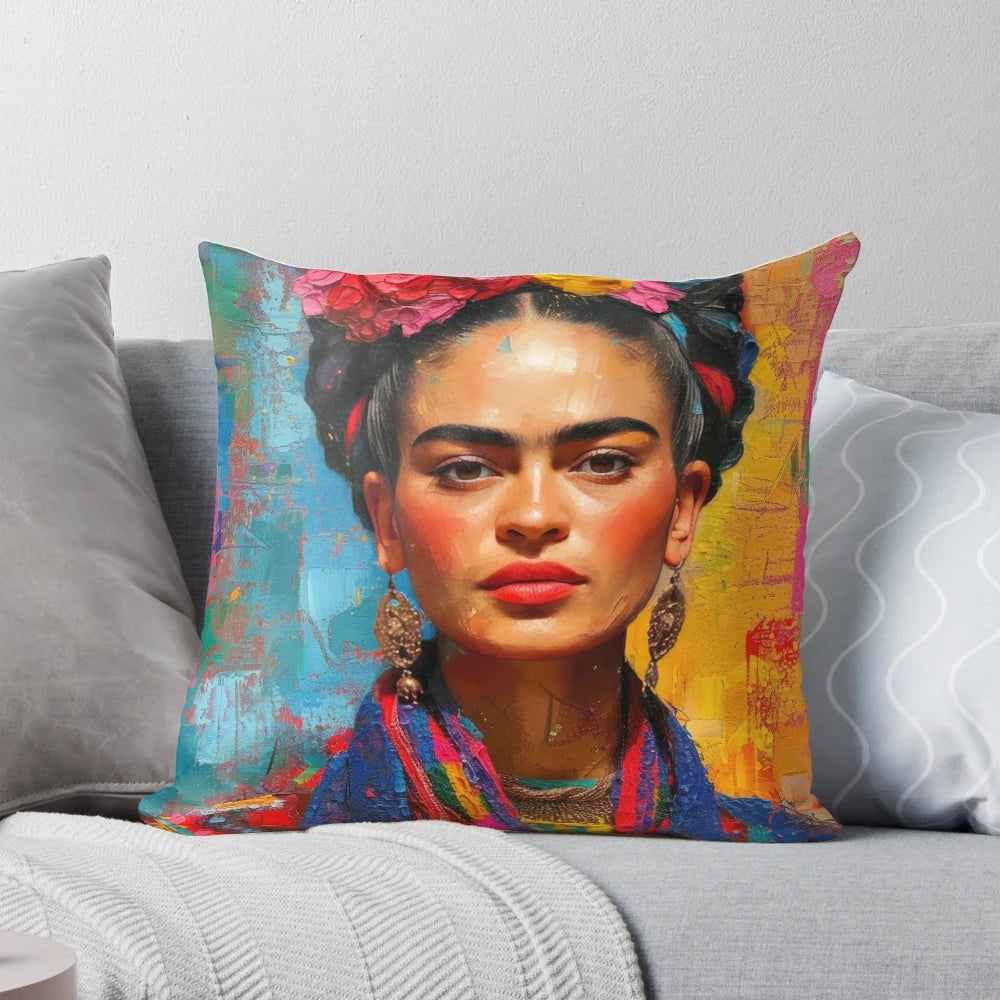 Colorful Frida Kahlo inspired decorative pillow with floral and Mexican motifs