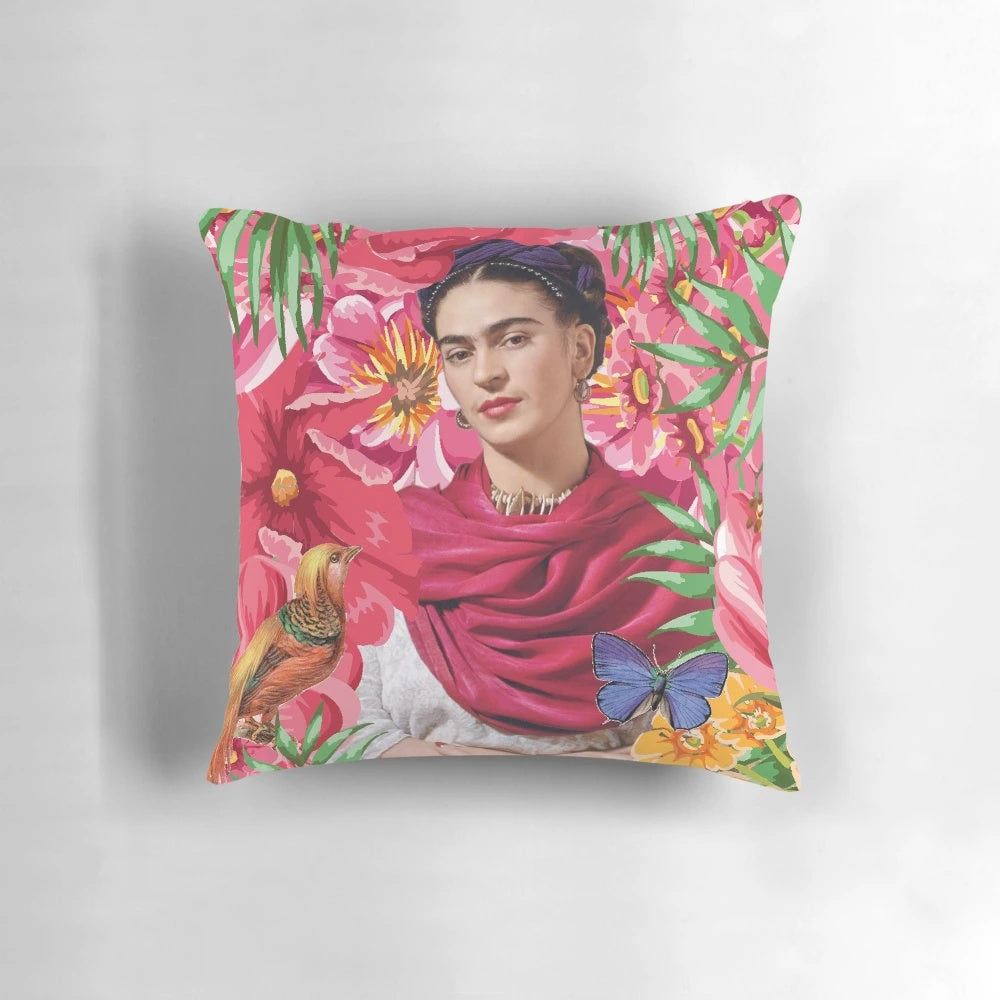 Colorful decorative pillow featuring the iconic imagery of Mexican artist Frida Kahlo