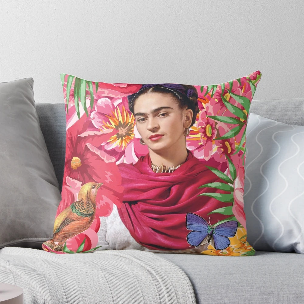 Colorful decorative pillow featuring the iconic imagery of Mexican artist Frida Kahlo