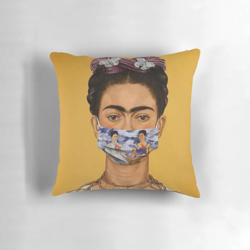 Colorful Frida Kahlo-inspired decorative pillow featuring abstract floral artwork
