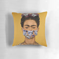 Colorful Frida Kahlo-inspired decorative pillow featuring abstract floral artwork