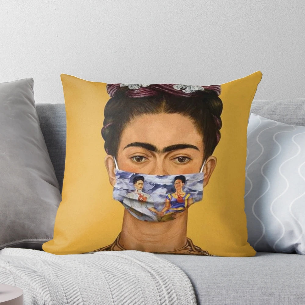 Colorful Frida Kahlo-inspired decorative pillow featuring abstract floral artwork
