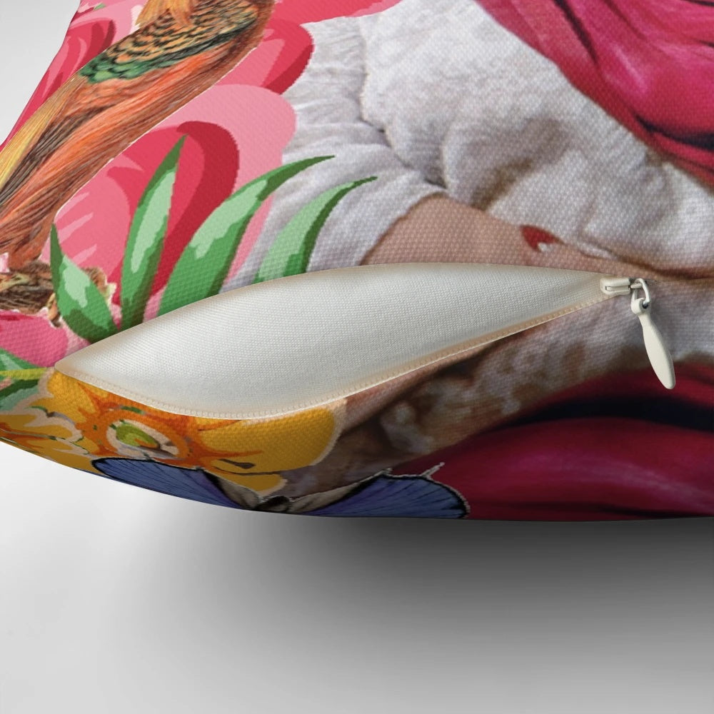 Colorful decorative pillow featuring the iconic imagery of Mexican artist Frida Kahlo