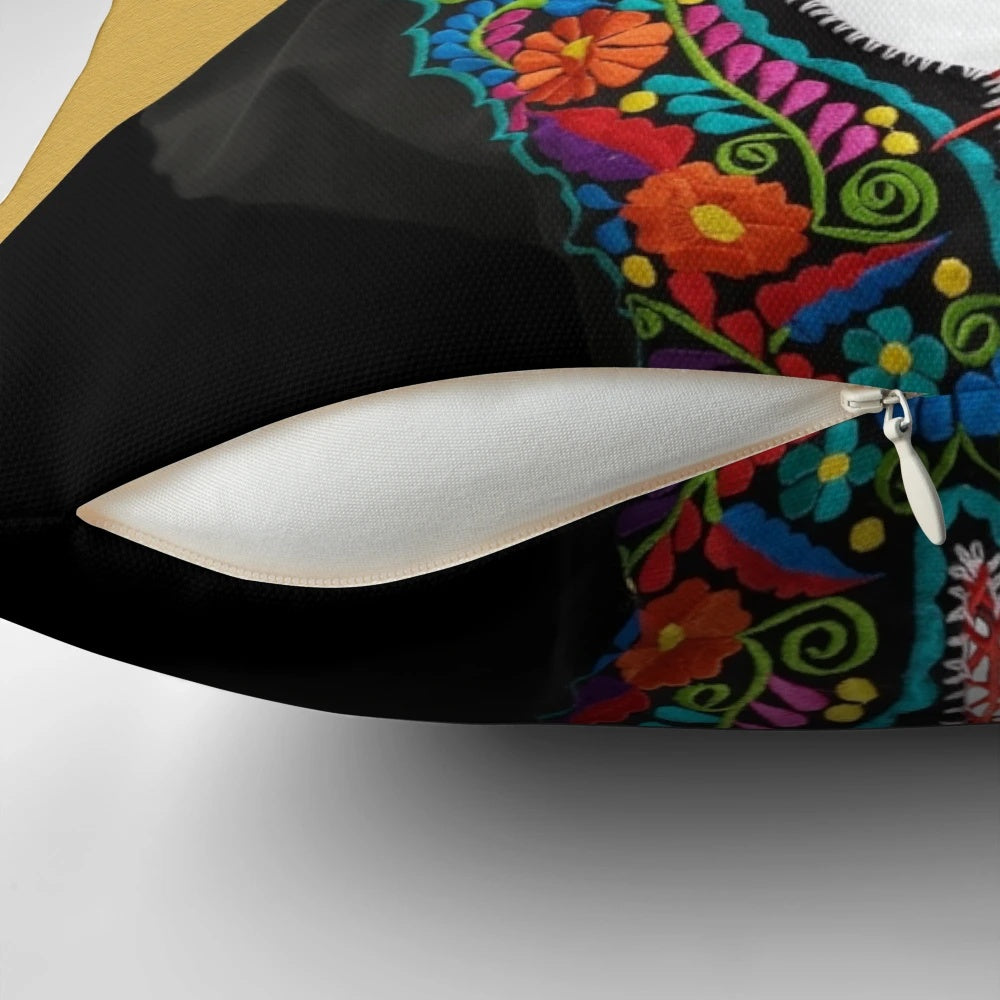 Colorful floral pillow featuring a portrait of Frida Kahlo with a black cat, highlighting the artist's feminist and feline-inspired artwork.