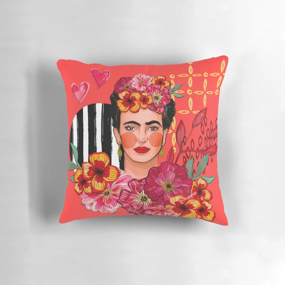 Colorful throw pillow featuring a floral bouquet design inspired by the artwork of iconic Mexican artist Frida Kahlo.