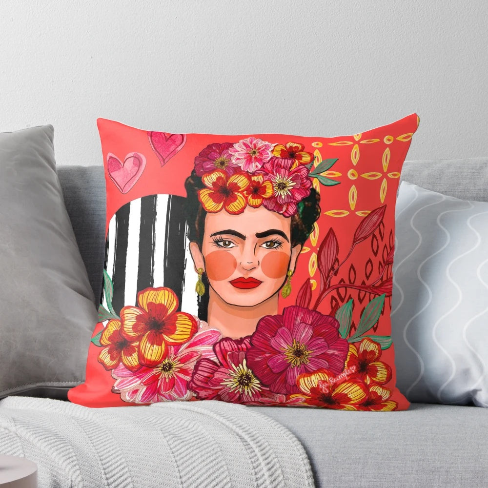 Colorful throw pillow featuring a floral bouquet design inspired by the artwork of iconic Mexican artist Frida Kahlo.