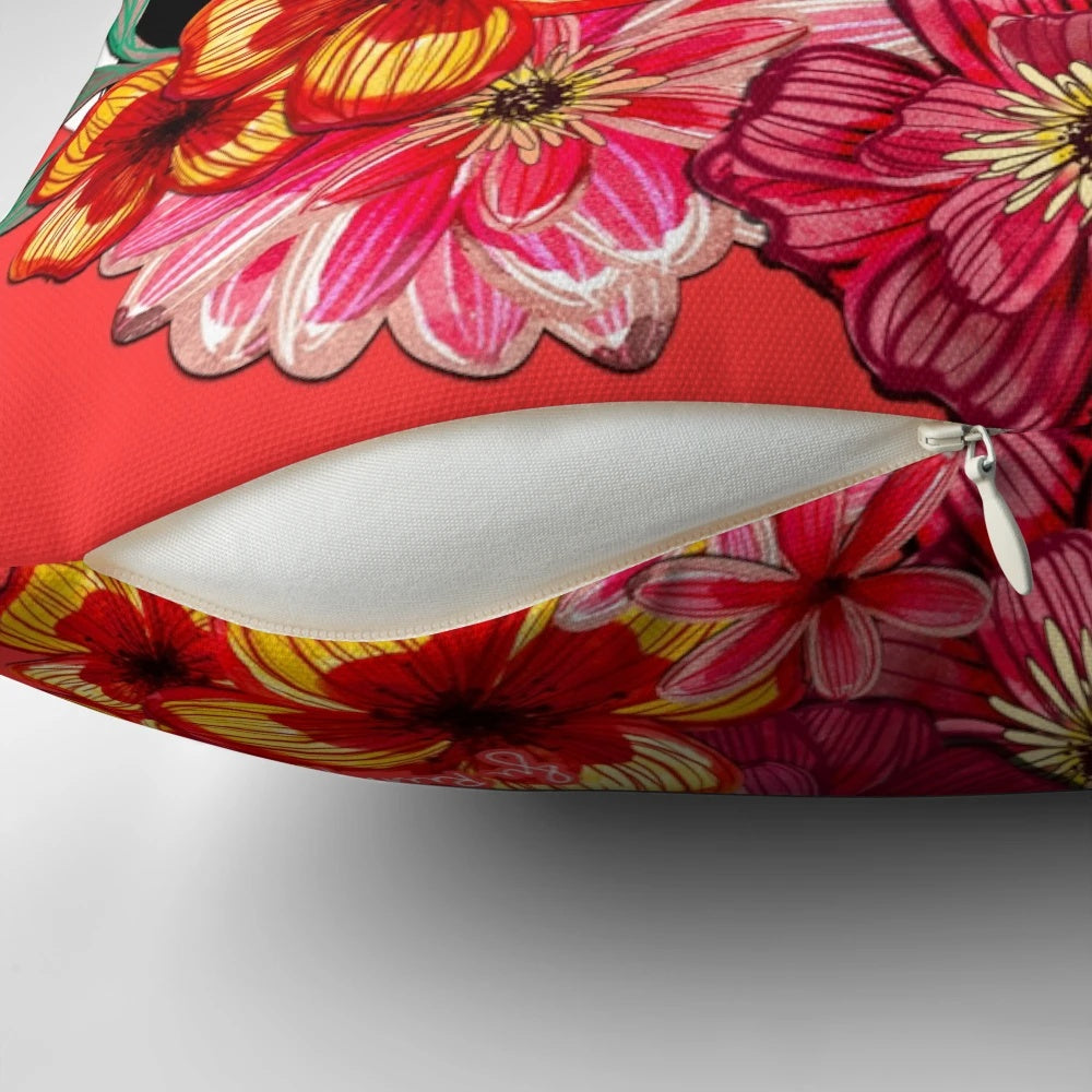Colorful throw pillow featuring a floral bouquet design inspired by the artwork of iconic Mexican artist Frida Kahlo.