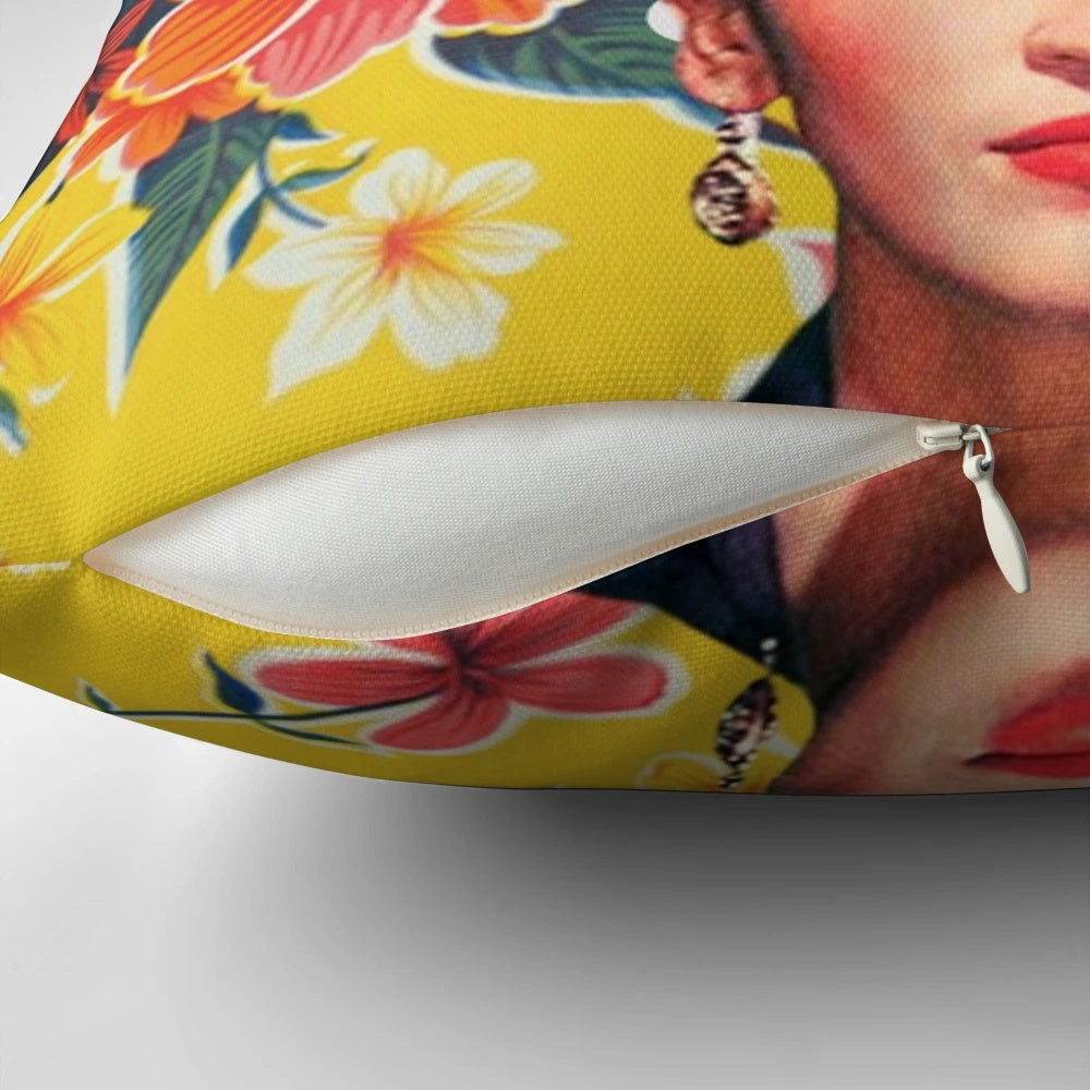 Colorful abstract floral pillow featuring Frida Kahlo-inspired design on ocher Mexican tablecloth background