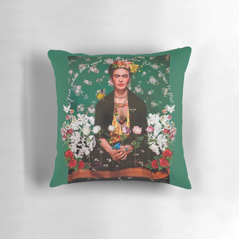 Colorful floral and bird-themed decorative pillow featuring the iconic portrait of artist Frida Kahlo.