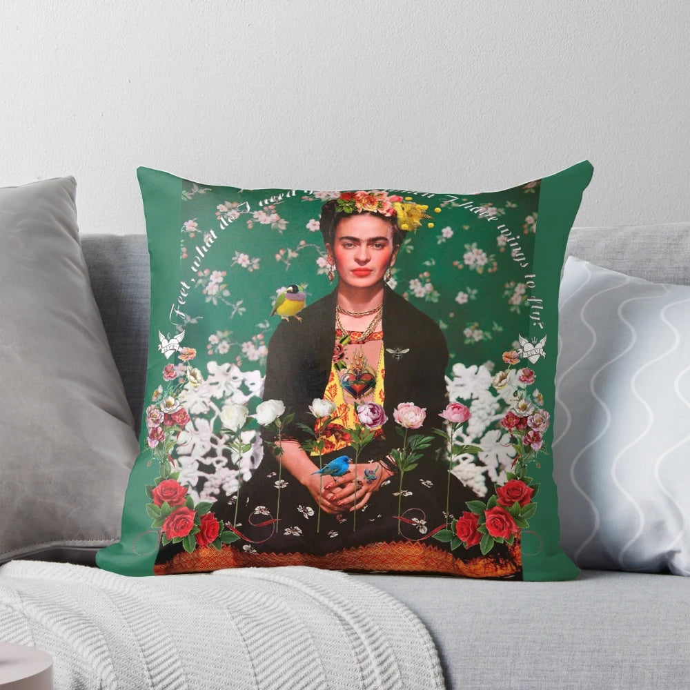 Colorful floral and bird-themed decorative pillow featuring the iconic portrait of artist Frida Kahlo.