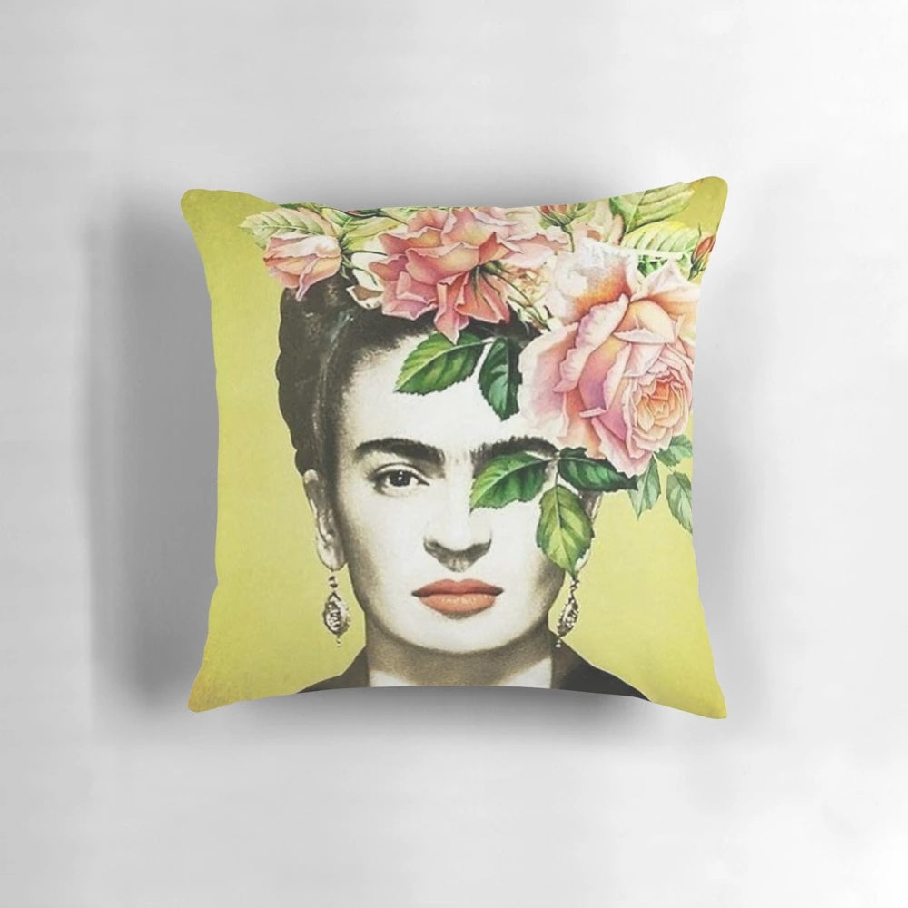 Colorful floral pillow featuring Frida Kahlo-inspired design