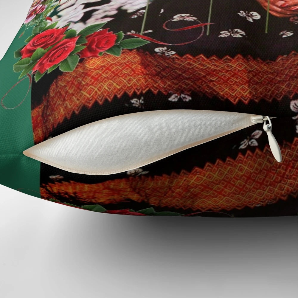 Colorful floral and bird-themed decorative pillow featuring the iconic portrait of artist Frida Kahlo.