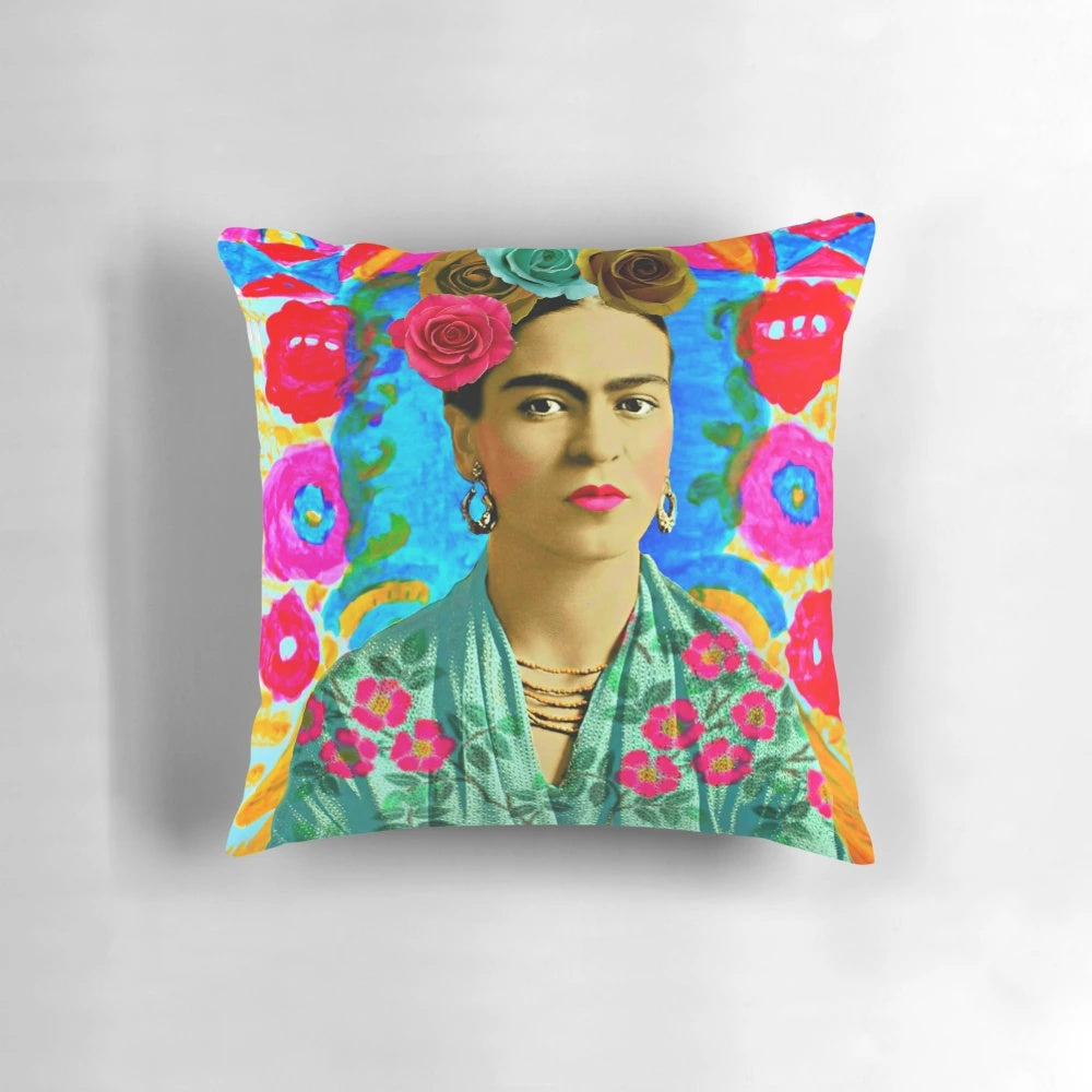 Colorful Frida Kahlo-inspired floral throw pillow